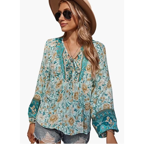 Blue Boho‎ Floral Printed Tie V-Neck Loose Flowy Long Sleeve Top Blouse - Picture 6 of 6